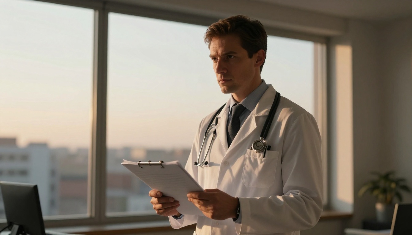 Determined doctor preparing for the OET writing exam with study materials