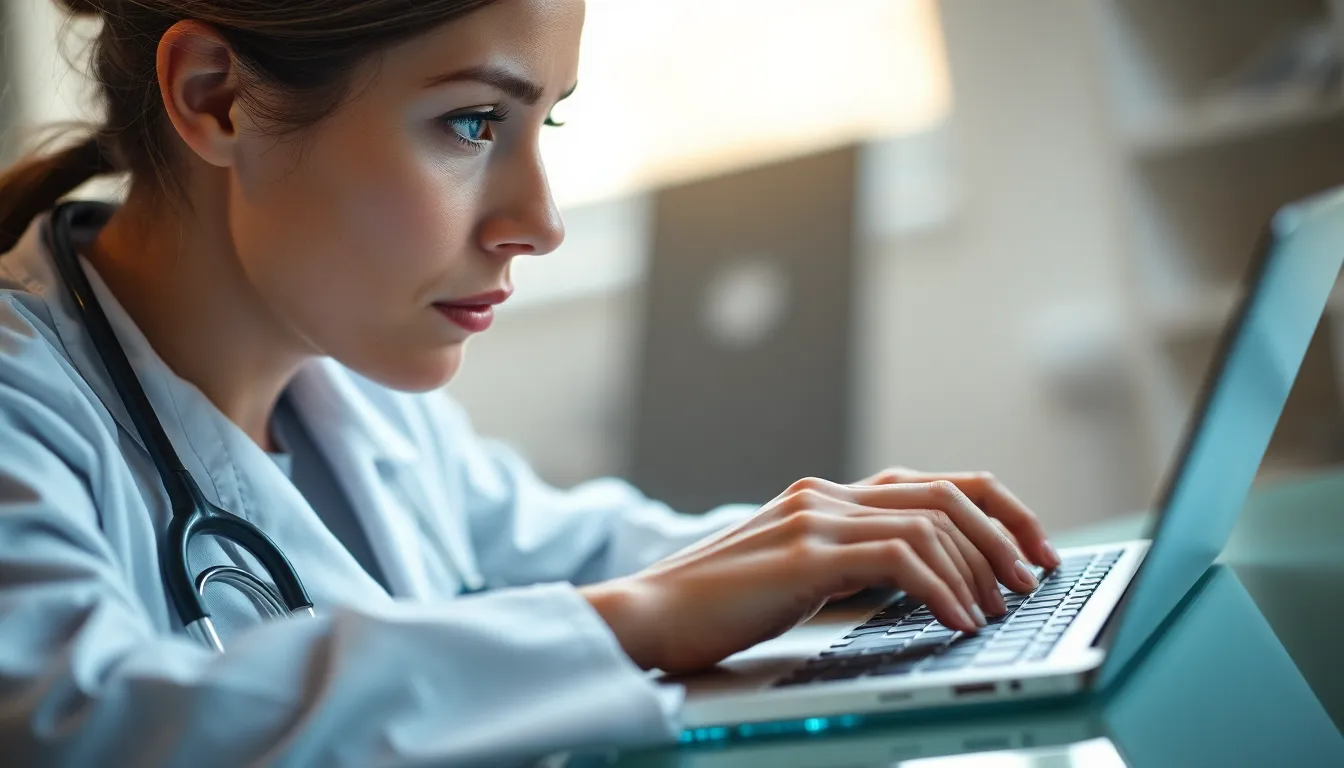 Doctor focused on typing an OET referral letter