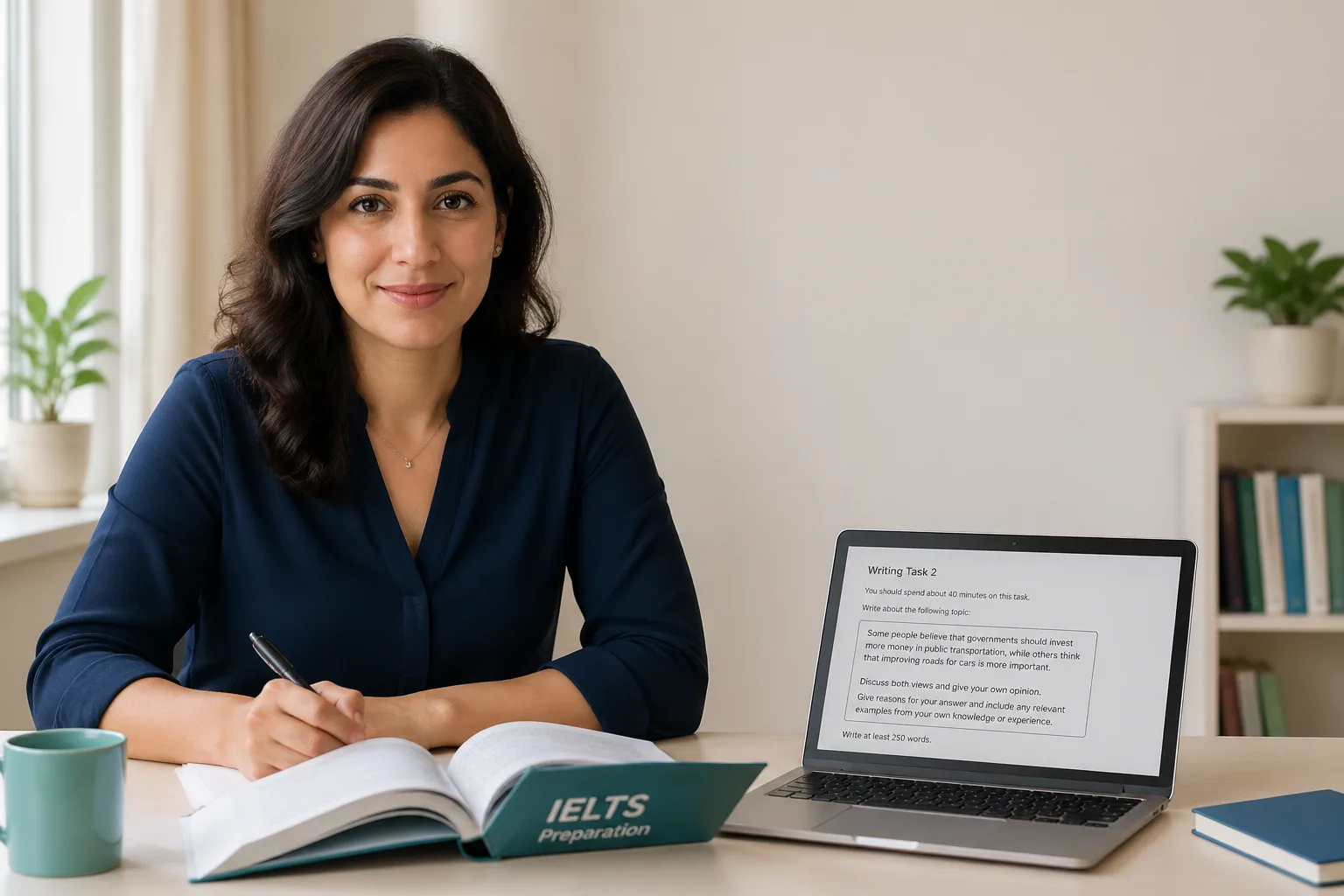 Healthcare professional preparing for IELTS Academic Writing with study materials
