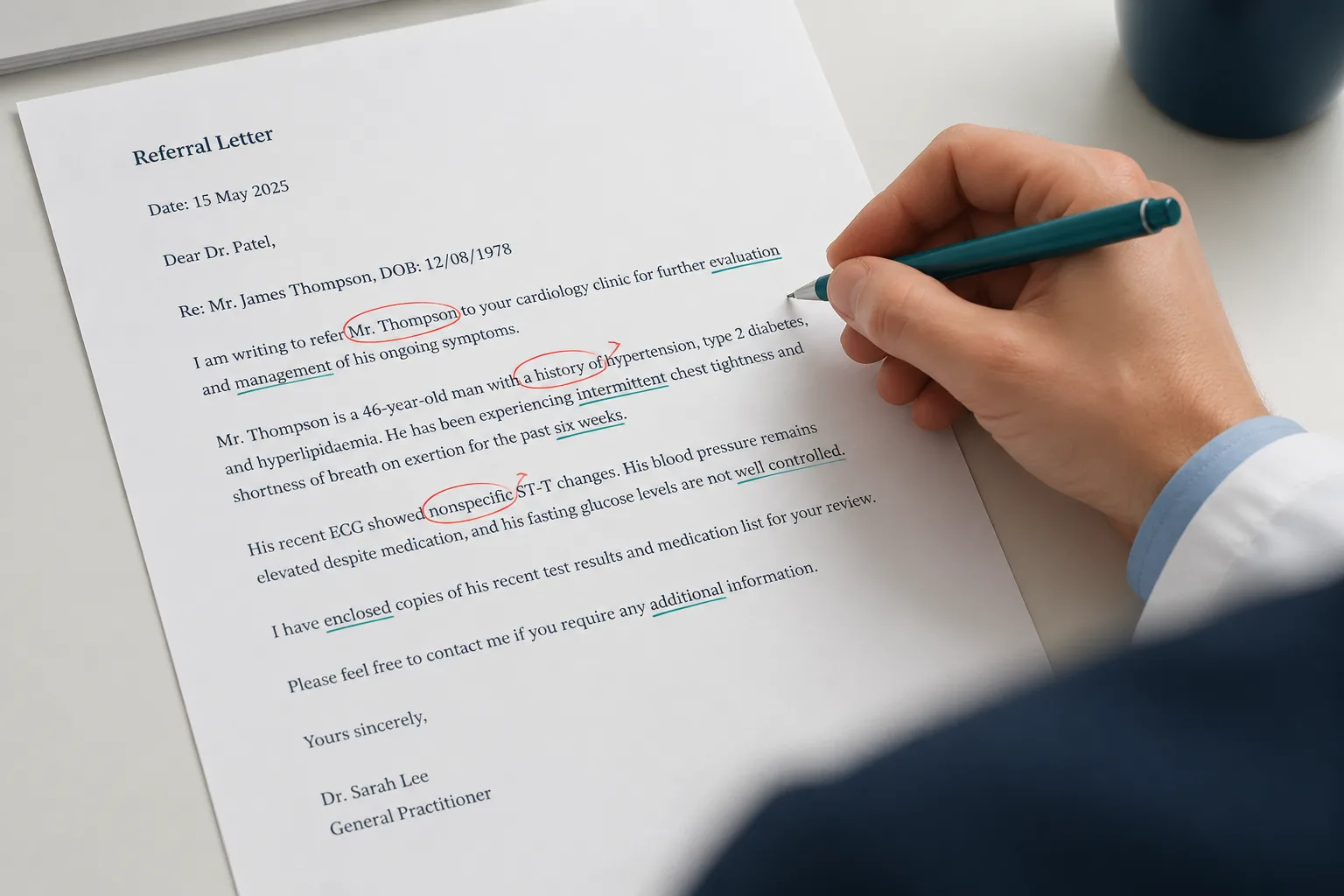 Annotated OET referral letter with examiner corrections, underlines, and margin notes