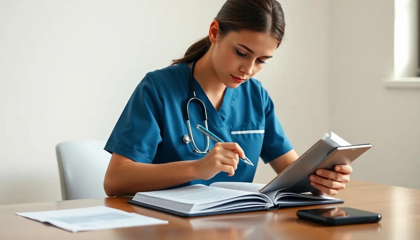 Nurse studying OET writing preparation materials at home