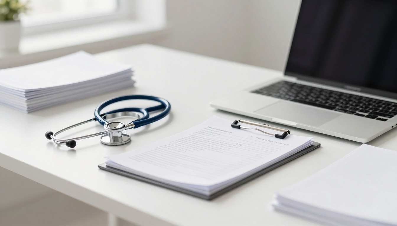 Healthcare professional preparing an OET discharge letter in a medical office