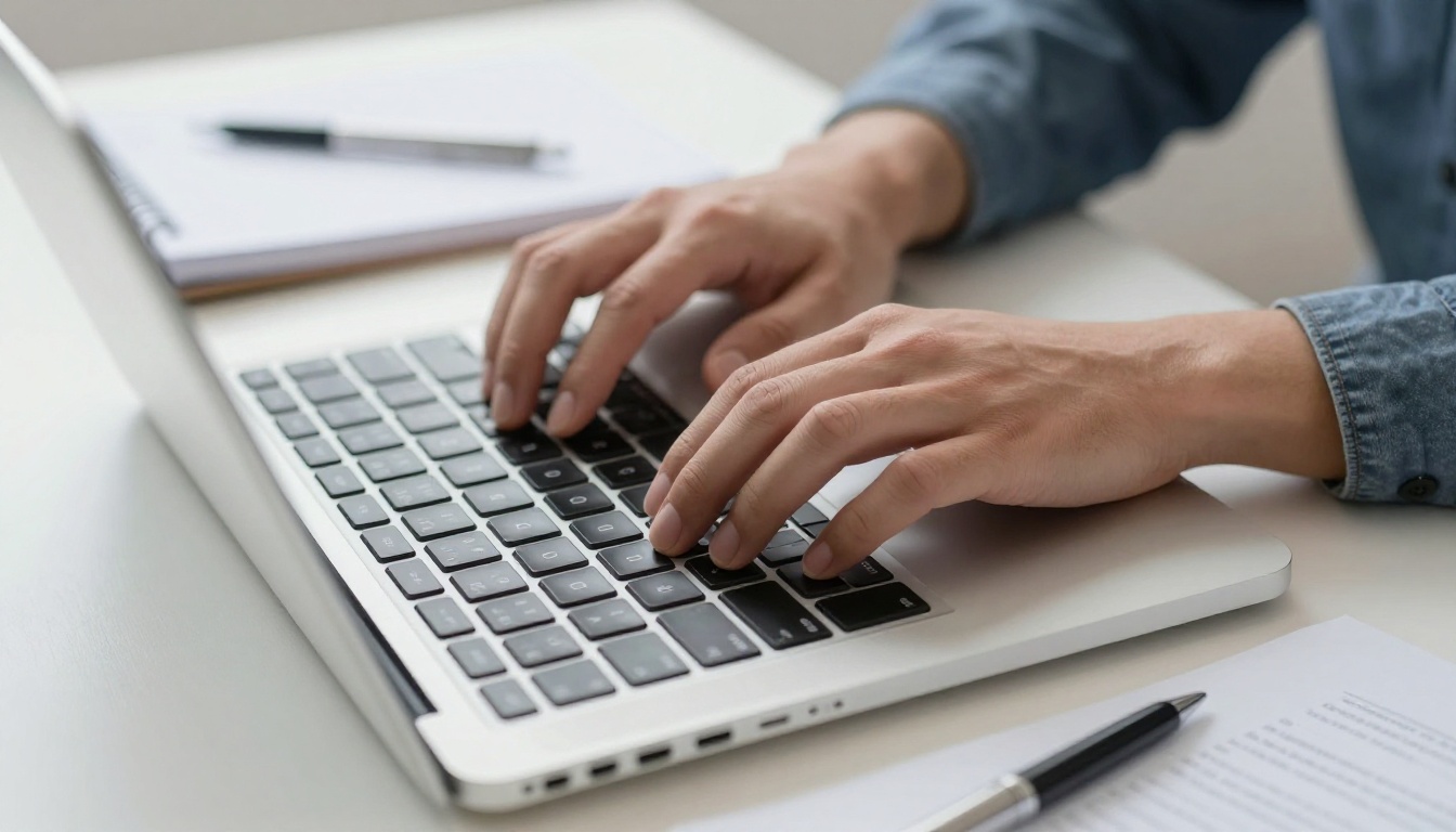 Healthcare professional typing an OET referral letter on a laptop
