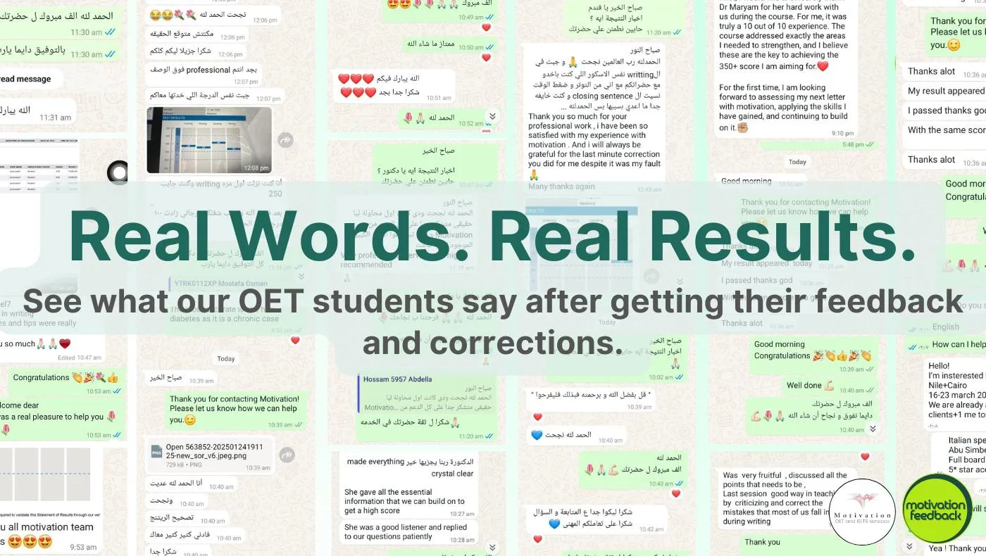 WhatsApp messages from OET students sharing their writing correction results and success stories